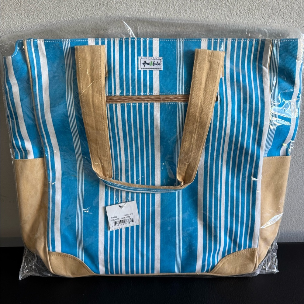 Ame & Lulu Blue and Tan Striped Tennis / Pickleball Tote, NWT